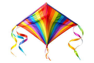 Colorful kite flying with waving ribbons isolated on transparent background 