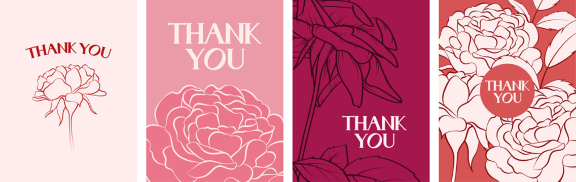 Floral thank you card set with rose flower vector illustration. Hand drawn art. Design for florist, flower shop, flower garden, gift shop, or wedding.