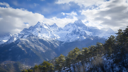 Snow-capped mountain and pine forest scenery: A picture for social media showing natural tranquility