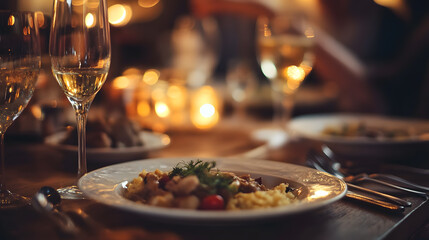 Close-up of delicious food for a romantic candlelit dinner