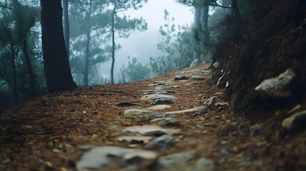 The quiet stone slab path in the pine forest in the mist.