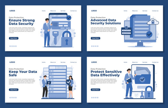 Set of Landing page template Protect personal data with strong cybersecurity. Stay secure server cloud file transaction password padlock online with encryption, authentication, and privacy