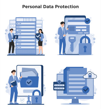 Set of Protect personal data with strong cybersecurity. Stay secure server cloud file transaction password padlock online with encryption, authentication, and privacy