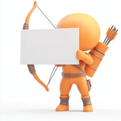 A man in a brown outfit holding two arrows and a white sign