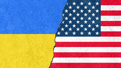 Cracked Flags of USA and Ukraine: Symbol of Geopolitical Tension.