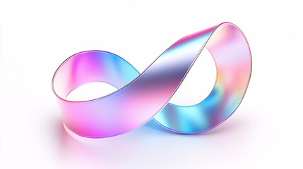 Iridescent mobius strip on a white surface with smooth reflections and color gradients design element