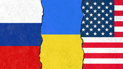 Cracked Flags of USA, Russia and Ukraine: Symbol of Geopolitical Tension