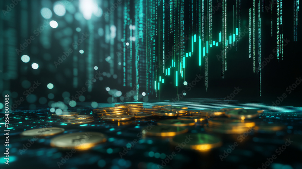 Poster a financial dashboard display showing a digital currency growth chart with green candles rising shar