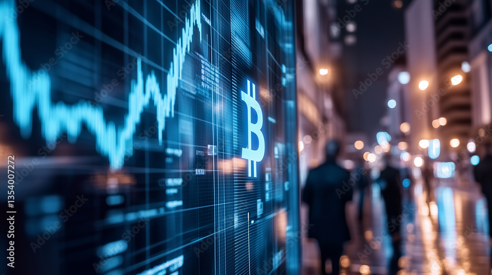 Poster a digital currency chart displayed on a large transparent screen, rising value trend highlighted in 