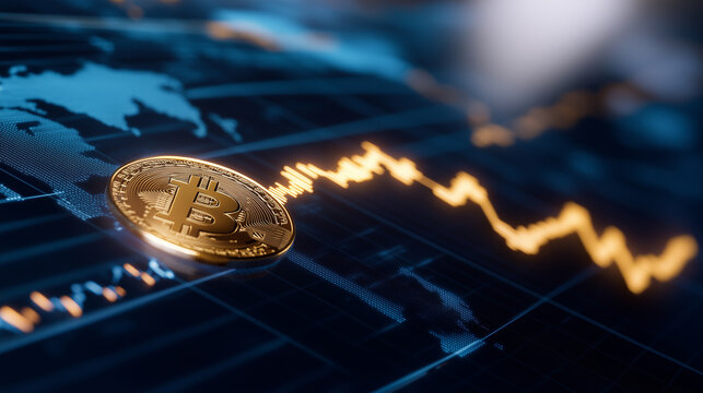 A cinematic cryptocurrency growth chart with golden lines surging upwards, digital coins like BTC, ETH, and XRP glowing, and a world map background symbolizing global financial pro