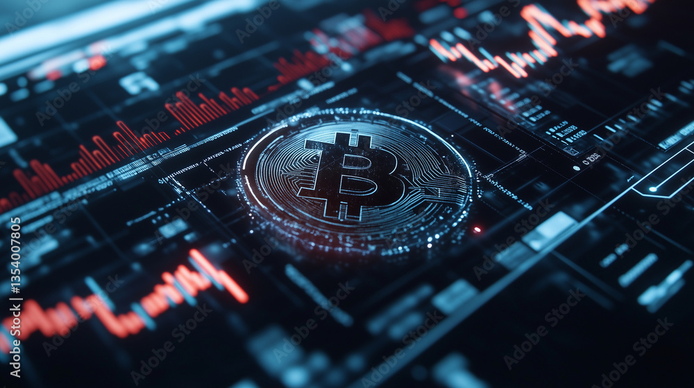 Poster a futuristic digital display of a cryptocurrency market chart with a steep upward curve, surrounded 