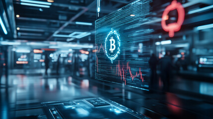 A digital currency growth chart surging upward, displayed on a virtual screen in a high-tech trading floor, holographic Bitcoin and Ethereum icons rotating, ambient cyber glow refl