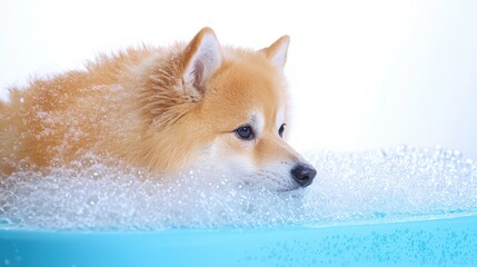 Obraz premium Calm Dog in Bubble Bath on White Background