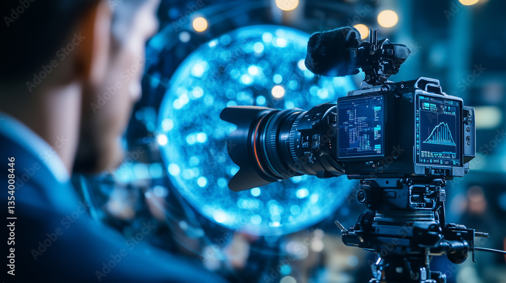 Poster high-end professional cameras recording a charismatic interviewer and guest, blurred digital globe g