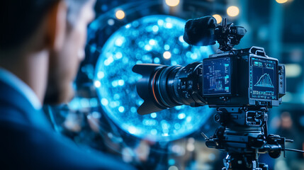 High-end professional cameras recording a charismatic interviewer and guest, blurred digital globe graphics spinning behind, dynamic light accents showcasing media tech elegance