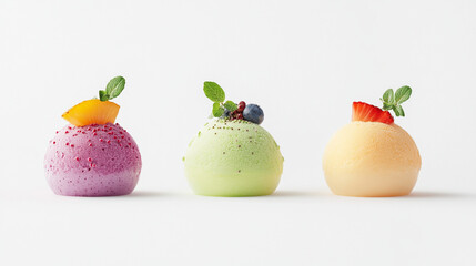 "Colorful ice cream topped with fruit."