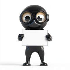 A cartoon character holding a white board with a smile on his face