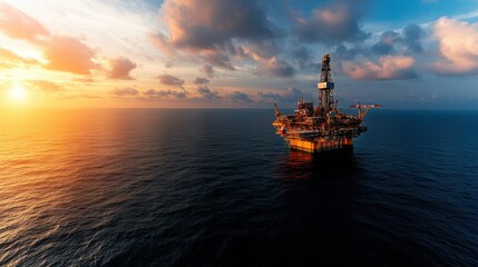 A breathtaking sunset illuminates a large offshore oil rig in the ocean, framed by a dramatic sky filled with vibrant and colorful clouds of nature's beauty