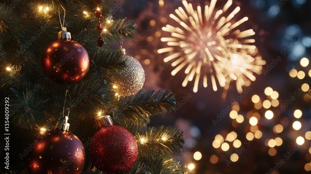 Poster a close-up shot of a christmas tree with a firework exploding in the background, perfect for winter 
