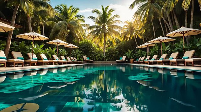 Luxury tropical resort swimming pool surrounded by palm trees, lounge chairs, and sun umbrellas at sunset

