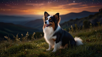 Obraz premium beautiful dog sits gracefully on grassy hill, illuminated by stunning sunset. vibrant colors of sky create serene atmosphere, enhancing dog joyful expression