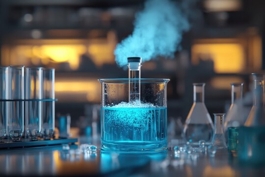 Scientific experiment setup with blue liquid and test tubes
