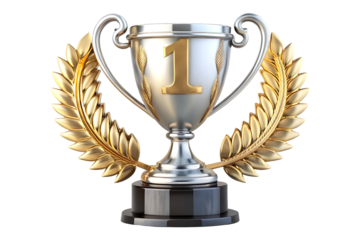 First place gold silver trophy cup isolated on transparent background 