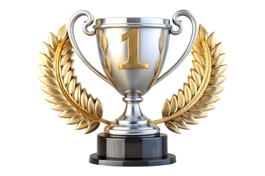 First place gold silver trophy cup isolated on transparent background 