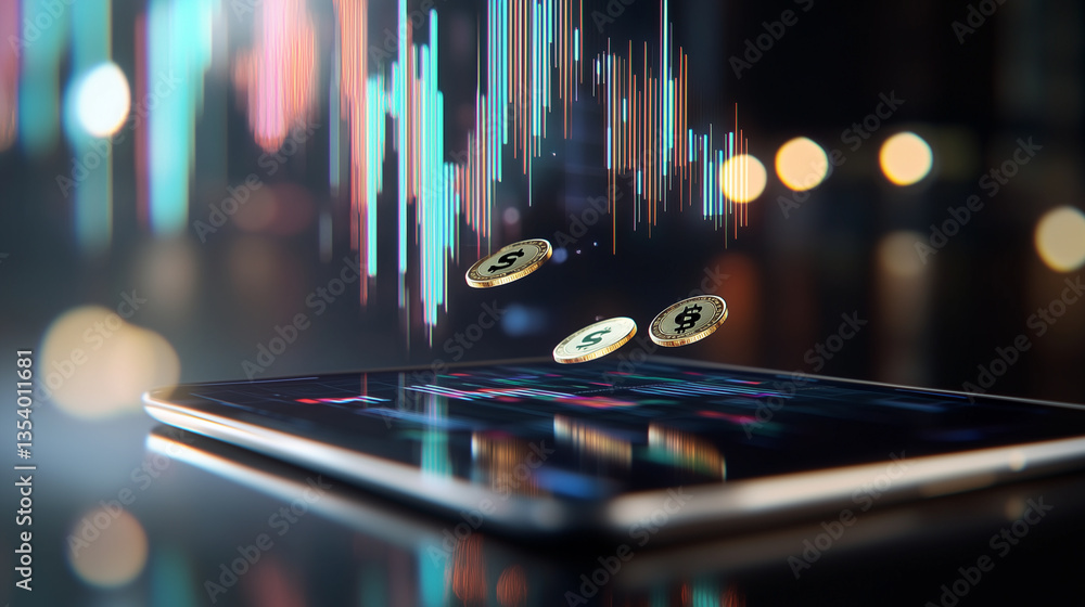 Poster a 3d financial growth graph emerging from a tablet screen, colorful lines pointing upward while digi