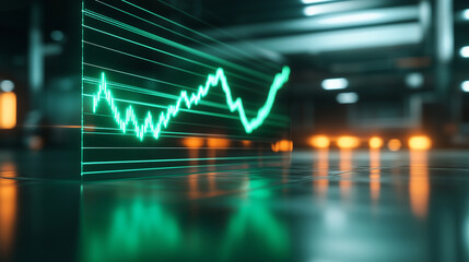 A dynamic chart showing an impressive upward spike, glowing lines in green and orange, with blurred business office background and reflective glass surfaces
