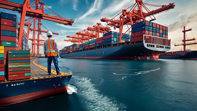 Worker overseeing cargo containers being loaded onto large freight ships at busy port terminal under clear sky

