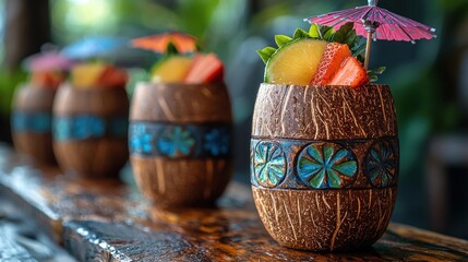 Tropical fruit cocktails in coconut cups, bar setting