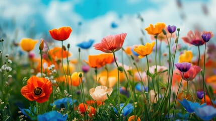 Fototapeta premium Seamless panoramic background of vibrant colorful flowers, lush and decorative.