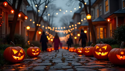 Fototapeta premium A spooky Halloween street party with carved pumpkins, costumes, and eerie glowing lanterns.