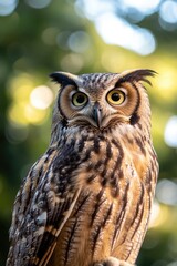 Close-up photo of an owl sitting on a tree branch, looking straight ahead