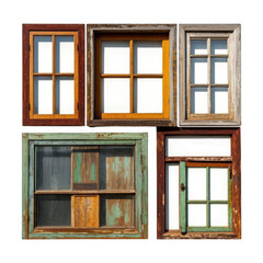 A nostalgic collection of weathered, multi-colored vintage windows showcasing rustic charm and aged beauty with soft natural lighting, transparent background.