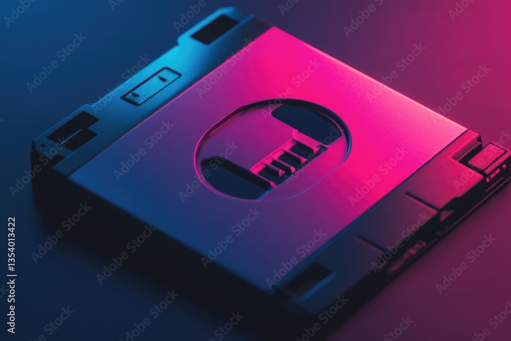 Poster a close-up view of a pink and blue electronic device with various buttons and interfaces