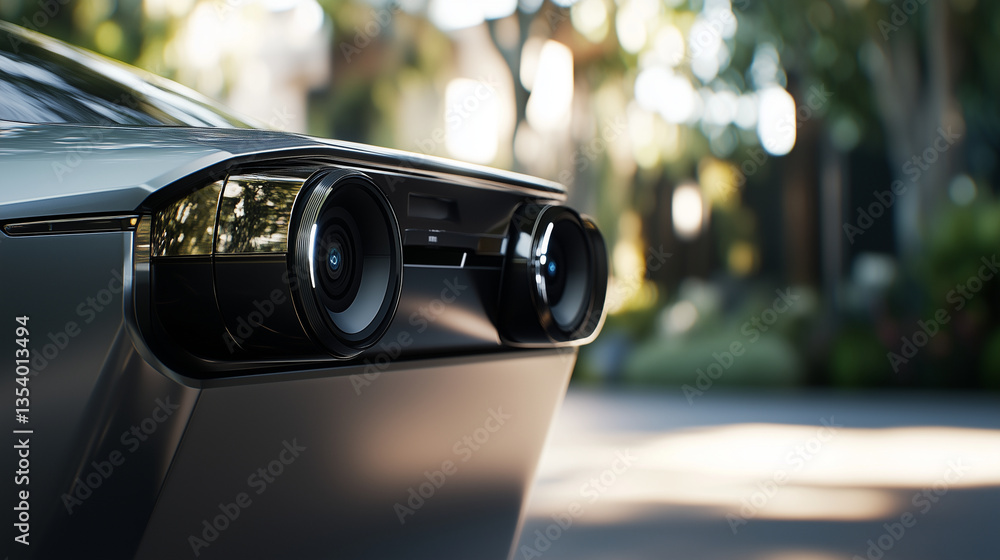 Poster close-up of a next-gen surveillance camera with dual lenses and ai sensors, sharp design lines, sunl