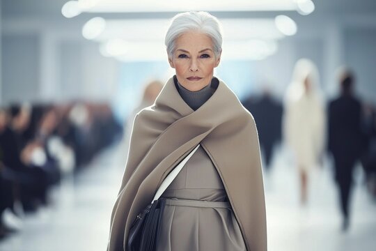 The catwalk shines with elegance as a 70-year-old model showcases contemporary fashion.