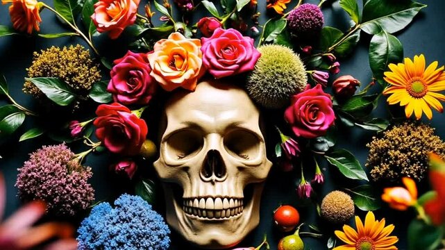 Vibrant floral arrangement surrounds a skull with intricate details and textures, nature, foliage, nature, foliage, skull,flowers symbolizing life and death in a striking floral arrangement.