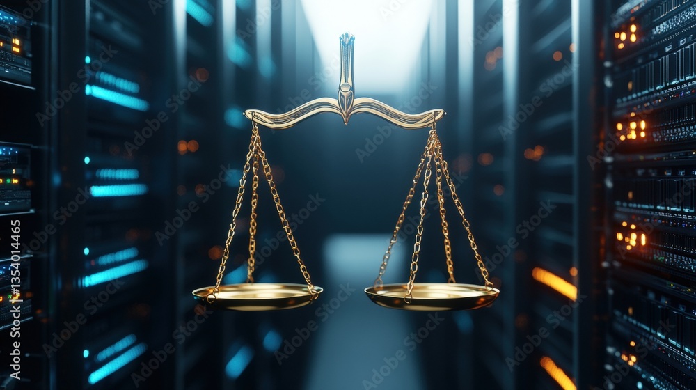 Poster golden scales of justice symbolizing law and technology in dark corridor surrounded by illuminated s