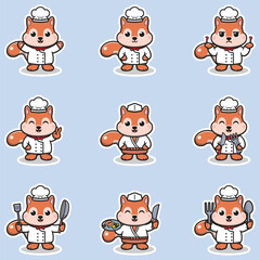 Illustrations of cute Squirrel chef mascot cartoon character. Vector Illustration Collection of Squirrel icon isolated. This is Vector Illustration.
