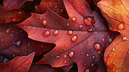 Fototapeta premium Close-up of vibrant red leaves adorned with droplets of water.