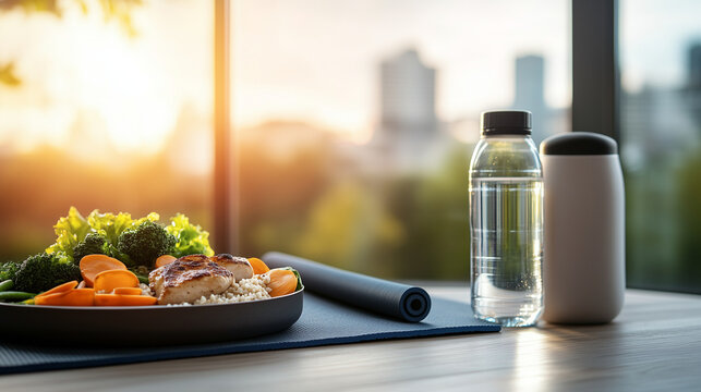 A healthy meal prep setup featuring roasted vegetables, grilled chicken, and brown rice, paired with a yoga mat, water bottle, and resistance bands, warm light filtering in - Powered by Adobe