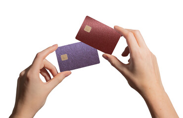 Woman holding two credit cards in hand, showcasing choice between banking options. Abstract design...