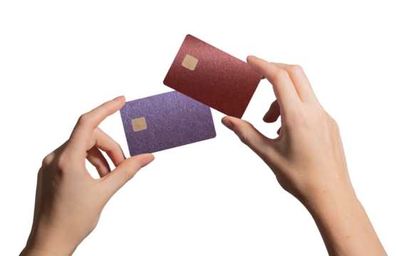 Woman holding two credit cards in hand, showcasing choice between banking options. Abstract design with red and violet grainy texture in background. Digital payment concept, promoting financial.