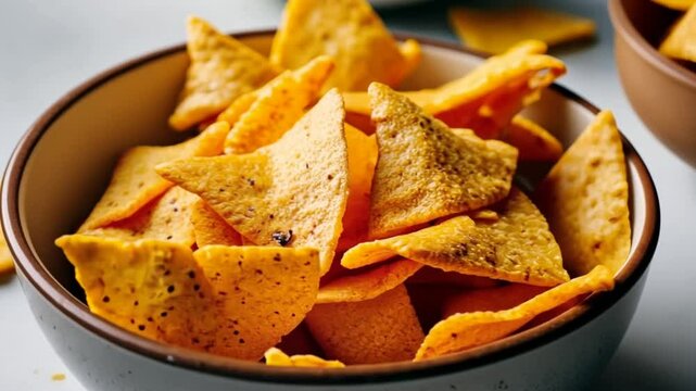 Close up view of tortilla chips in a white bowl. Isolated view of party dipping snack with blurred background