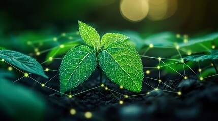 The image depicts a vibrant seedling emerging from the earth, symbolizing growth and potential A complex network of connected dots overlays the scene, representing the Internet of Things IoT and the