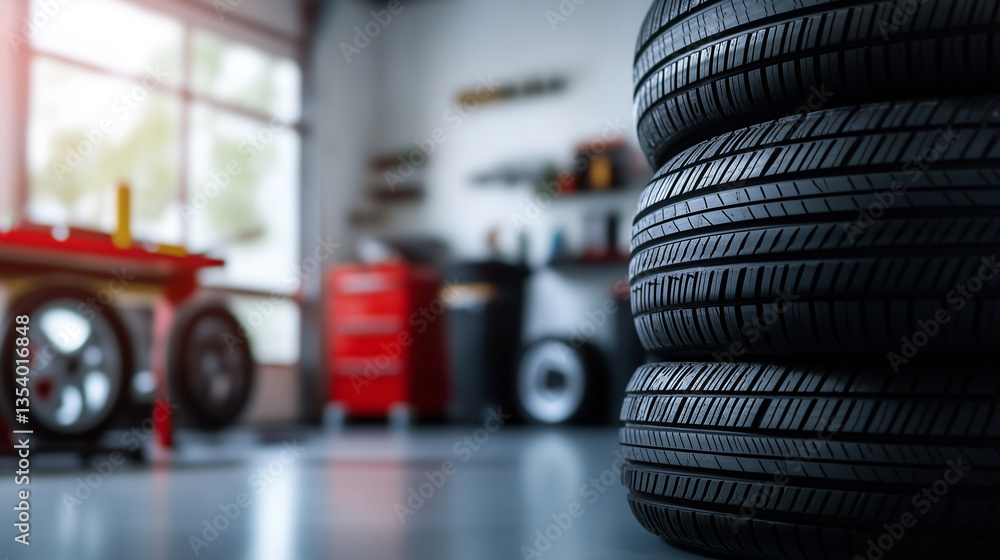 Poster close-up of a stack of high-performance tires, sidewalls clearly visible with brand markings, and a 