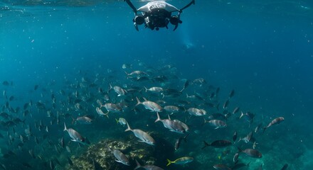 Fototapeta premium Diver Exploring Underwater School of Fish Swimming in Clear Blue Ocean
